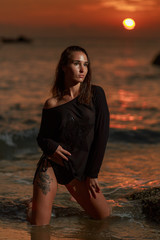 girl woman portrait with hat beach sunset