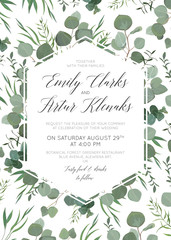 Wedding floral invite, invitation, save the date card design with elegant eucalyptus greenery branches, green forest leaves foliage pattern & cute polygonal geometrical frame. Beautiful, rustic layout