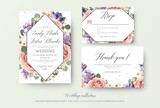 Wedding floral invitation, rsvp, thank you card elegant botanical design with lavender pink garden rose flowers, violet succulents, eucalyptus leaves & geometrical frame. Beautiful modern template set