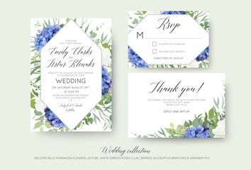 Wedding floral invite, rsvp, thank you cards design with elegant blue hydrangea flowers, white garden roses, lilac, green eucalyptus branches, greenery leaves & geometrical frame. Luxury beautiful set