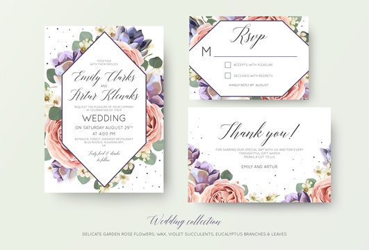 Wedding floral invitation, rsvp, thank you card elegant botanical design with lavender pink garden rose flowers, violet succulents, eucalyptus leaves & geometrical frame. Beautiful modern template set