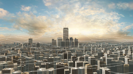 Aerial view of city skyline with futuristic network connections. Futuristic technology related...