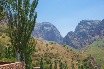 Fototapeta na wymiar View from the monastery of Noravank on red mountains, hills, poplar trees and blue sky. Armenia. 