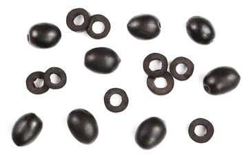 whole and sliced black olives isolated on white background. Top view. Flat lay pattern