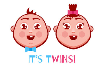 It's a twins greeting card. Boy and Girl. Baby shower. Vector illustration