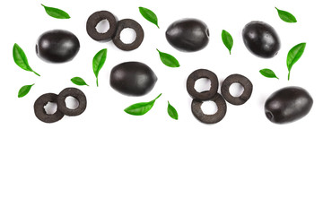 whole and sliced black olives isolated on white background with copy space for your text. Top view. Flat lay pattern