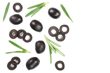 whole and sliced black olives with rosemary leaves isolated on white background. Top view. Flat lay pattern