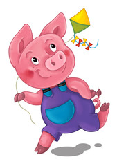 cartoon scene with pig running and playing holding kite - illustration for children