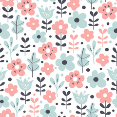 Seamless pattern with flowers and leaves. Vector floral background.
