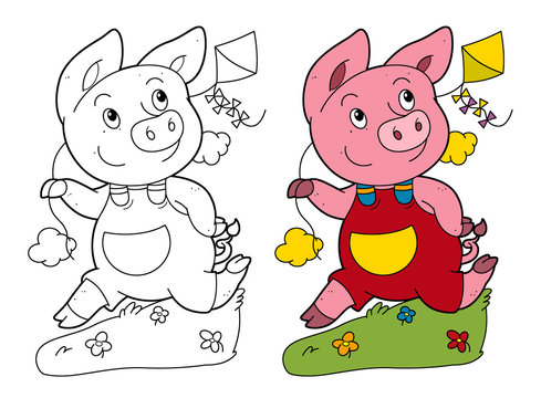 cartoon scene with pig running and playing holding kite - on white background with coloring page - illustration for children