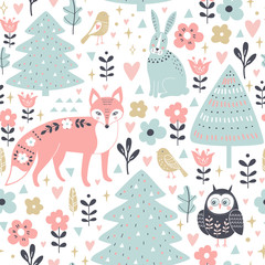 Seamless pattern with cute animals in cartoon style: fox, rabbit, owl.
