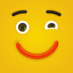 Clean and shiny smiley emoticon, vector illustration. Cute childish face, smile, amazed emotion, emoji, funny monster. All objects are separated. Yellow background. For card, banner, poster