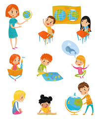 Kids at geography lesson set, preschool activities and early childhood education concept vector Illustrations on a white background