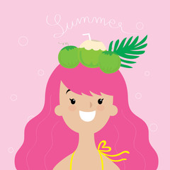 Fashion summer girl, Coconuts on dark pink hair and pink background vector.