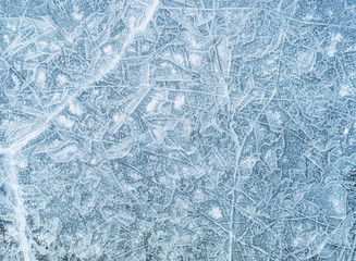 Ice texture, background. High angle view of empty frozen lake with copy space