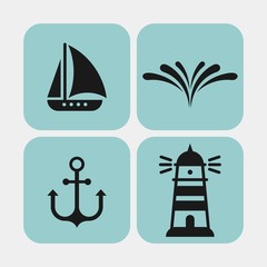 Sea vacation flat vector icons set. Marine flat vector icons set. Yacht, ship, splash of water, water, anchor, lighthouse