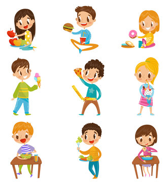 Cute boy and girls having brekfast or lunch set, kids enjoying their meal vector Illustrations on a white background