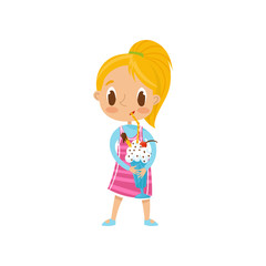 Cute blonde girl drinking milk shake with straw vector Illustration on a white background