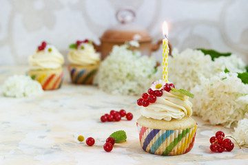 Gentle cupcake with cream and berries nd a candle a light background
