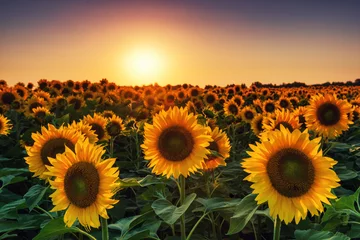 Abwaschbare Fototapete Sonnenblume Sonnenblumenfeld bei Sonnenuntergang