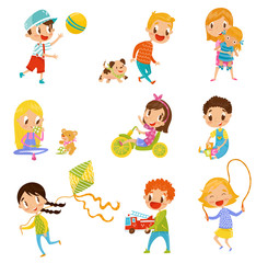 Cute boys and girls doing sports and playing set vector Illustrations on a white background