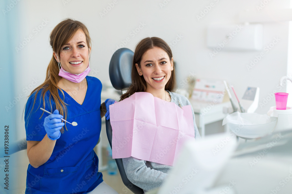 Sticker Dentist and patient in dentist office
