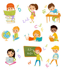 Kids at school set, cute boys and girls at lesson of geography, literature, mathematics vector Illustrations on a white background