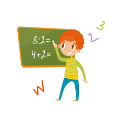 Elementary school student standing near the blackboard and writing mathematical examples, education and knowledge concept, colorful cartoon character vector Illustration on a white background