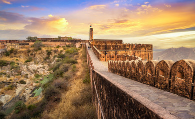 Historic Jaigarh Fort Jaipur Rajasthan, India at sunset with moody sky