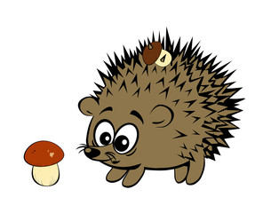 A vector illustration of a cute cartoon style brown hedgehog gathering mushrooms isolated on white