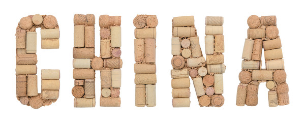 Word CHINA made  of wine corks Isolated on white background