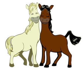 A vector illustration of a couple of funny horses in love, cartoon style