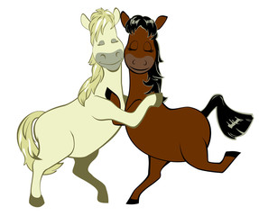 A vector illustration of a couple of funny horses in love hug caress embrace, cartoon style