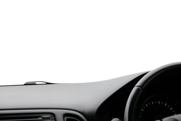 Car inside interior, dashboard, steering wheel. Black leather interior.composition. Concept and idea