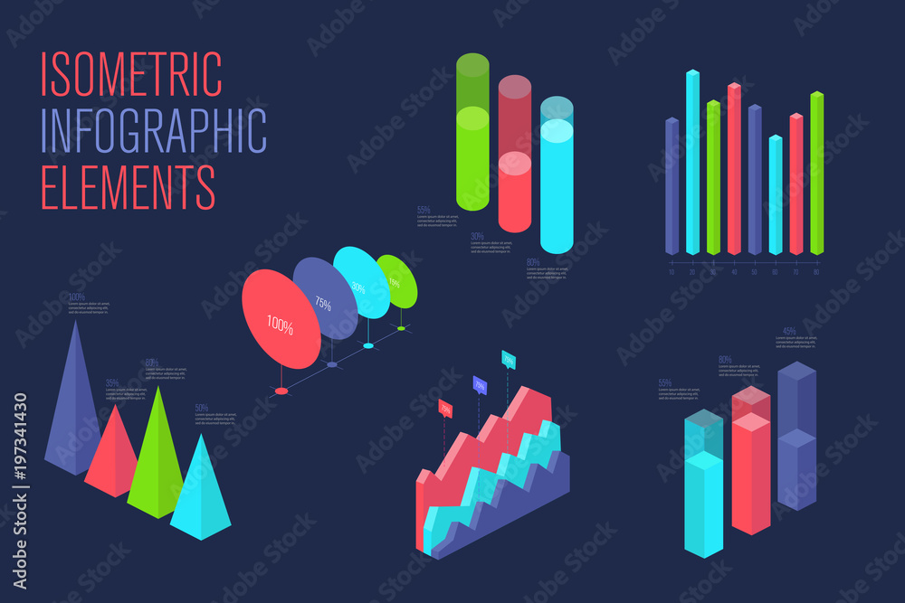 Poster infographic 3d isometric design vector elements for presentation, graphics, statistics of data and d