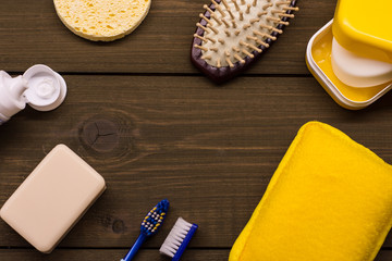 Shower set. Toiletries. Wisp, soap, sponge and comb. Bodycare kit. Yellow combo. Start of the day....