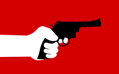 Pistol and handgun - person is holding weapon and is ready to shoo and fire. Vector illustration