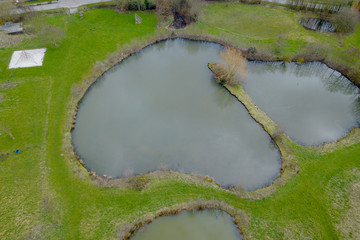 Aerial view of a pond in a park