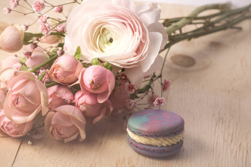 macaroon. Sweet macarons on wood background with copy space. Top view