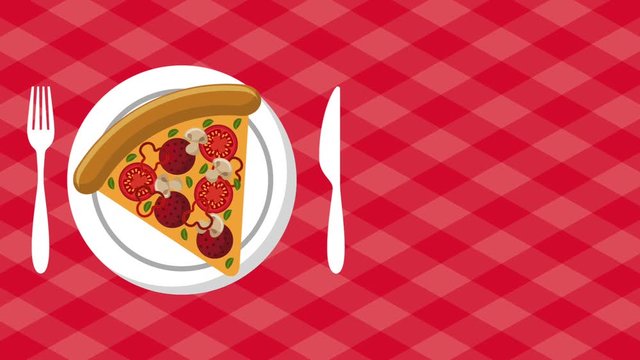 fast food delicious slice pizza plate fork and knife on tablecloth
