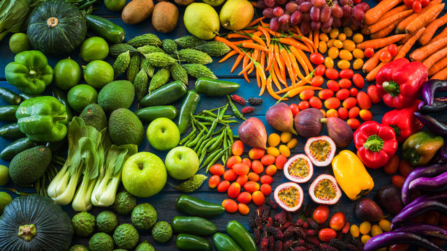 Different Fruits And Vegetables For Eating Healthy, Group Of Colorful Fruits And Vegetables Organic