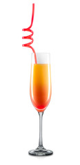 Mimosa cocktail in champagne glass with colorful straw isolated on white background. Clipping path