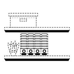 shelves carton box folder and plant in pot vector illustration dotted line design