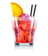 Red cosmopolitan cocktail in old fashioned glass with slice of orange and black straw isolated on white background. Clipping path