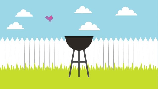 barbecue grill with fire in backyard wooden fence and birds flying animation