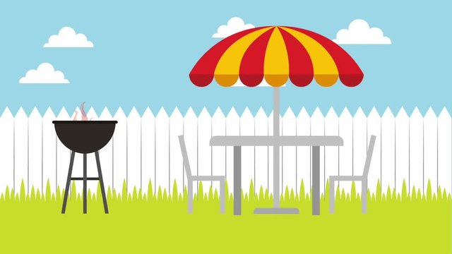 barbecue grill table chairs and umbrella birds flying animation