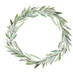 hand painted watercolor olive wreath, isolated on white background.
