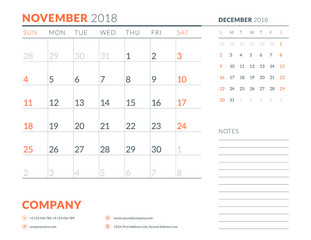 November 2018. Calendar planner design template. Week starts on Sunday. Stationery design