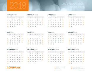 Calendar poster for 2018 year. Landscape oriantation. Vector design print template with abstract background or place for photo. Week starts on Sunday