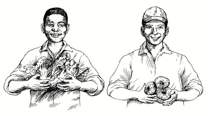 Couple of men picking vegetables. Hand drawn vector illustration.
